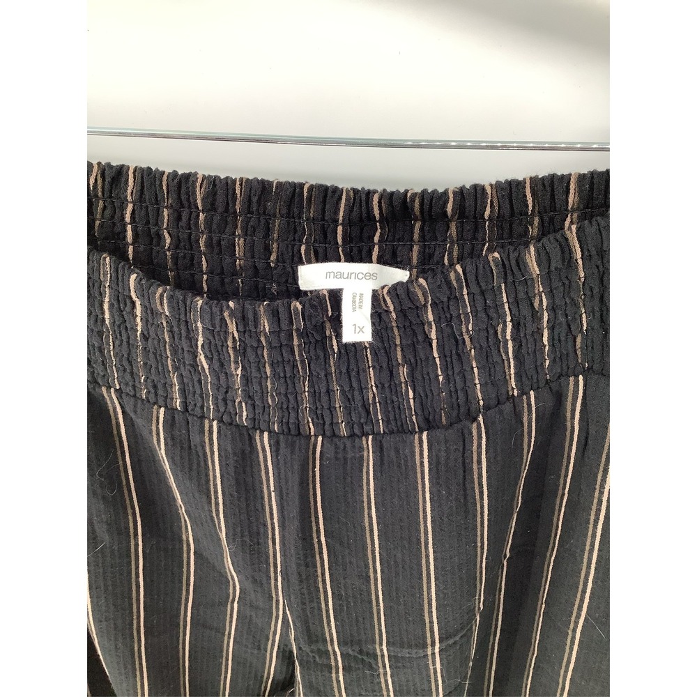 Maurices Womens 1X Black Tan Striped Smocked Waist Relaxed Straight Leg Pants